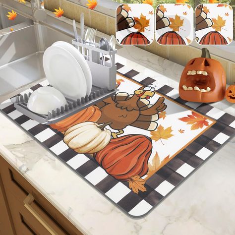 PRICES MAY VARY. 【Fall Dish Drying Mat】: Our autumn fall dish drying mat crafted with premium materials. Turkey autumn pumpkin maple leaves design for Thanksgiving look. LOKHOM Thanksgiving kitchen super absorbent draining mat are available in 12”x18”,18”x24”, Two sizes are available 【Super Absorbent】：The turkey coffee mat is made of super absorbent nano material, the autumn fall drying pad is soft and highly absorbent, which can dry quickly. Leaving your kitchen countertops dry. No more damp or Kitchen Counter Coffee Bar, Harvest Kitchen, Thanksgiving Kitchen, Fall Dishes, Pumpkin Coffee, Fall Thanksgiving Decor, Dish Drainers, Dish Rack, Minimal Space