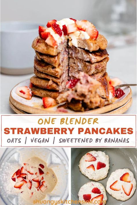 Easy Vegan Strawberry Oatmeal Pancakes made all in one blender and sweetened only with ripe bananas. You can drizzle these vegan pancakes with warm maple syrup for the extra touch of sweetness when serving. This fluffy stack of dairy free pancakes will jumpstart the best morning for you. Even better, they are also toddler-approved and freezer-friendly for when you need a quick breakfast warmed up on a busy weekday! Banana Strawberry Pancakes, Oat Pancakes Vegan, Oatmeal Strawberry, Gf Cake Recipe, Gf Bread Recipe, Dairy Free Pancakes, Vegan Pancake Recipes, Pancakes Vegan, Strawberry Pancakes