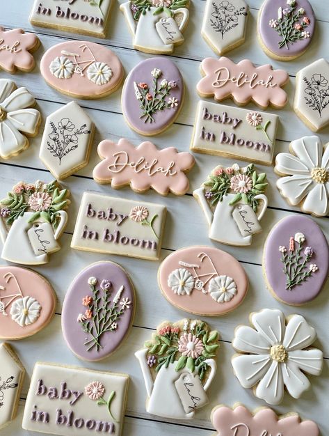 Baby In Bloom Sugar Cookies, Baby In Bloom Cookies, Frosted Cookies, Baby In Bloom, Custom Cookie, Tree Cookies, Bloom Baby, Cookie Frosting, Baby Shower Cookies