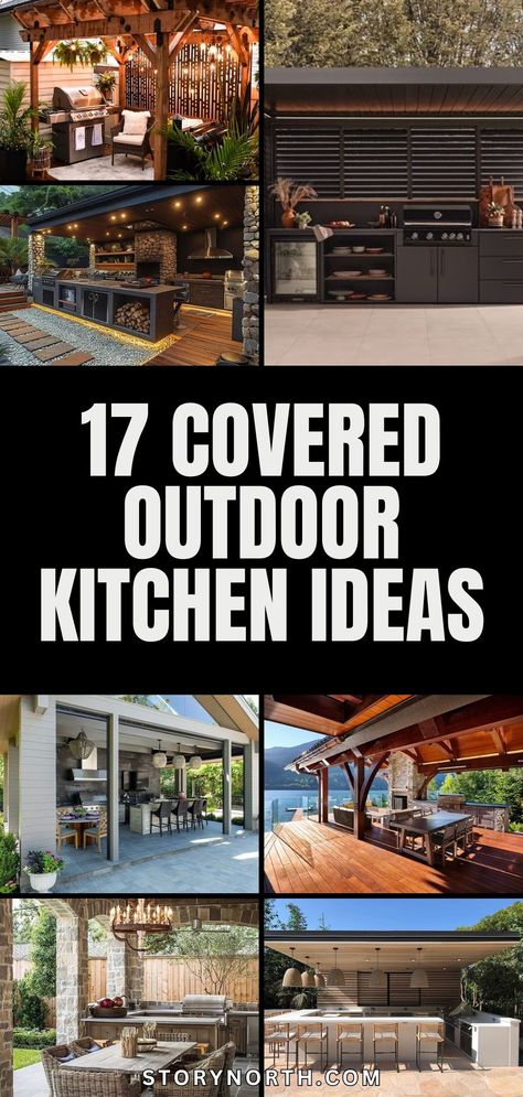 Save this pin for stunning outdoor kitchen inspiration to create your dream backyard oasis! Explore various designs and styles to elevate your outdoor space. #OutdoorKitchenIdeas #BackyardInspiration #HomeDecorTips Black Pergola Outdoor Kitchen, Back Porch With Outdoor Kitchen, Best Outdoor Kitchen Ideas, Barbecue Patio Ideas Backyards, Small Outside Kitchen Ideas, Outdoor Kitchen Under Pergola, Outdoor Kitchen Rustic, Outdoor Covered Kitchen, Outdoor Kitchen Corner