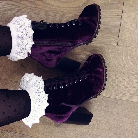 Create a fundraiser at work and get these for me for my birthday hehe @dragonfruit12 😁💕 White Lace Socks, Heather Nicole, Hex Girls, Luxury Boots, Catty Noir, Velvet Hangers, Street Style Shoes, Velvet Boots, Velvet Shoes