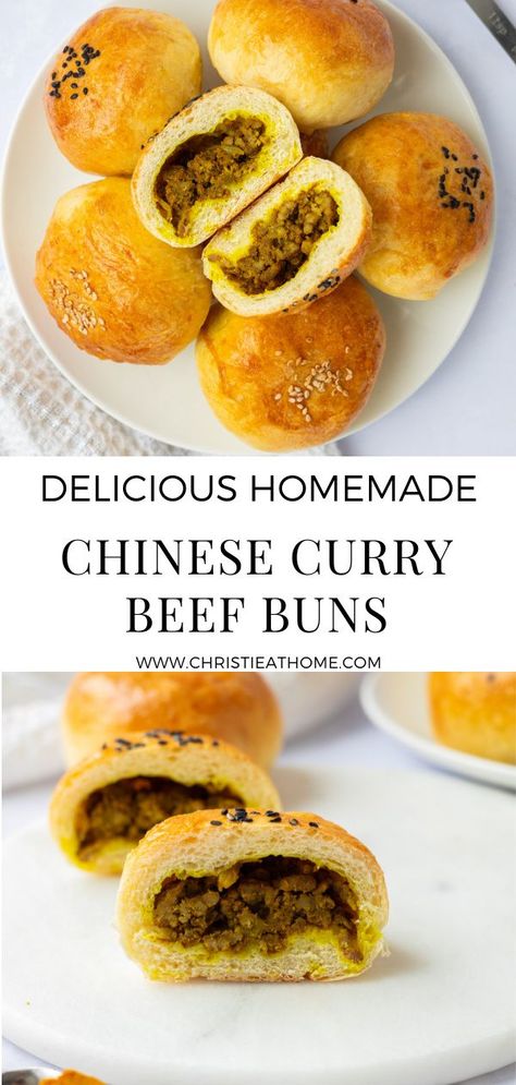 Chinese Curry Beef Buns. Savoury curried beef and onion stuffed inside a fluffy egg bun. A popular Chinese baked good that is found at many Asian bakeries. Great as a snack or breakfast when you’re feeling hungry! #buns #currybuns #currybeefbuns #chinesefood #chineserecipe #chineserecipes #chinesepastries #pastries #bakedgoods #asianrecipes #asianfood #asianbuns #asiandish #asianrecipe Japanese Beef Buns, Chinese Baked Buns, Chinese Stuffed Buns, Chinese Curry Beef Buns, Curry Buns Recipe, Egg Buns Recipe, Meat Filled Buns, Asian Bakery Recipe, Asian Baked Goods