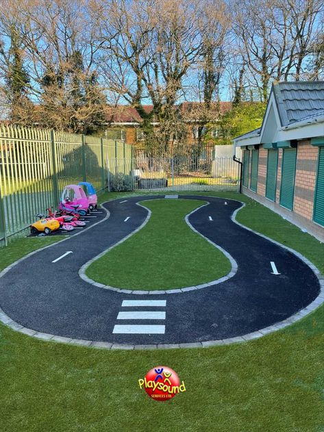 Outdoor Car Track For Kids, Toddler Outdoor Play Area, Toddler Outdoor Play, Daycare Playground, Outdoor Kids Play Area, Kids Backyard Playground, Backyard Kids, Play Area Backyard, Toddler Outdoor