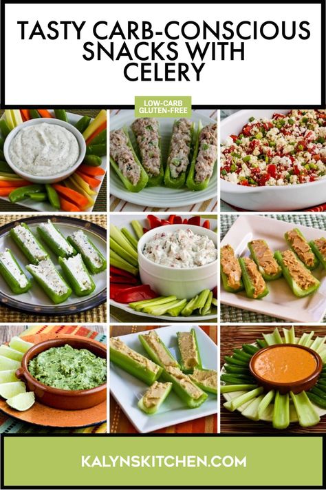 "Pinterest Image of Tasty Carb-Conscious Snacks with Celery showing a grid of nine different celery snacks on different serving dishes with various background." Celery Ideas Healthy Snacks, Celery Snack Ideas, Celery Snacks, Low Carb Gluten Free, Healthy Diet Recipes, 200 Calories, Healthy Pregnancy, Keto Snacks, Low Calorie Recipes