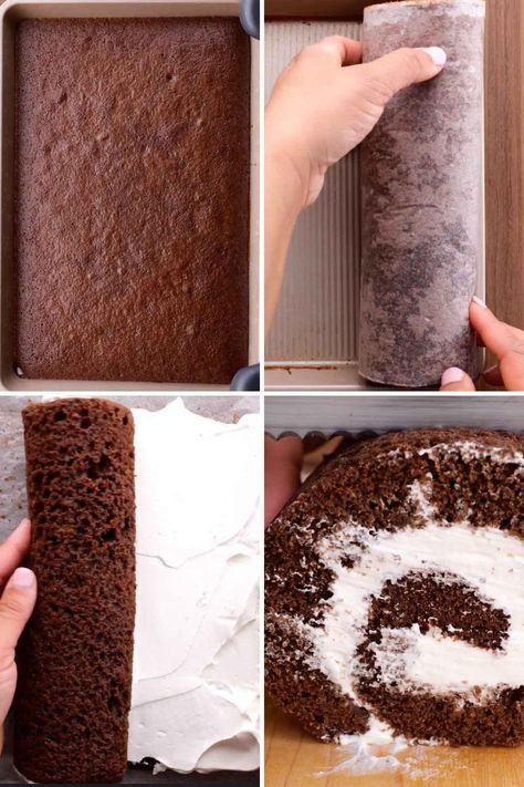 Chocolate Cake Roll (Swiss Roll) is a sweet and moist layer of chocolate cake rolled around homemade whipped cream, ready in under an hour! Hoho Roll Cake, Easy Chocolate Roll Cake, Chocolate Roll With Cream Cheese Filling, Swiss Roll With Box Cake, Chocolate Peanut Butter Cake Roll, Chocolate Rolls Old Fashioned, Chocolate Roll Cake Recipe Easy, Chocolate Rolls Recipe, Swiss Cake Roll Recipe