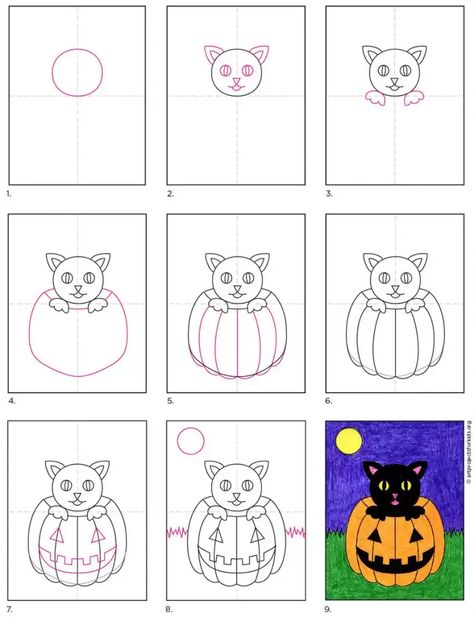 How to Draw a Halloween Cat · Art Projects for Kids Doodle Stitch, Halloween Pictures To Draw, Easy Halloween Drawings, Drawing Halloween, Halloween Art Projects, Halloween Crafts Preschool, Art 2022, Diy Drawing, Image Halloween