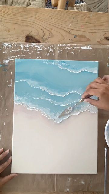 Wave Canvas, Textured Art For Beginners, Textured Beach Painting, Textured Art Ocean, Texture Art Ocean, Textured Ocean Painting, Ocean Texture Painting, Textured Wave Art, Ocean Plaster Art