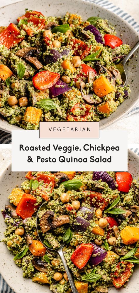 Wonderful pesto quinoa salad tossed with sheet pan roasted vegetables and garlicky chickpeas. This flavorful vegetarian roasted vegetable quinoa salad recipe is packed with protein and is a great make-ahead lunch to enjoy hot or cold! Pesto Roasted Vegetables, Vegetarian Cold Lunches, Quinoa Recipes Healthy Easy, Sheet Pan Roasted Vegetables, Pan Roasted Vegetables, Roasted Vegetable Quinoa, Vegetable Quinoa Salad, Pesto Quinoa, Vegetarian Roast