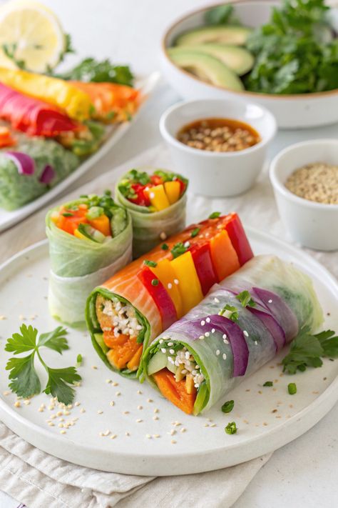 5-Minute Raw Rainbow Veggie Rolls Recipe Rainbow Food Recipes Healthy, Vegan California Rolls, Raw Vegetarian Recipes, Veggie Pinwheels Roll Ups, Vegan Aesthetic Food, Veggie Rolls Recipe, Rainbow Food Ideas, Raw Vegan Meals, Raw Vegan Pizza