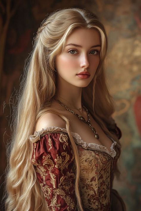 Noblewoman Aesthetic, Beautiful Middle Aged Woman, Blonde Character Inspiration, Blonde Female Character Art, Blonde Female Character Inspiration, Medieval Portrait, Blonde Characters, Medieval Female, Medieval Queen