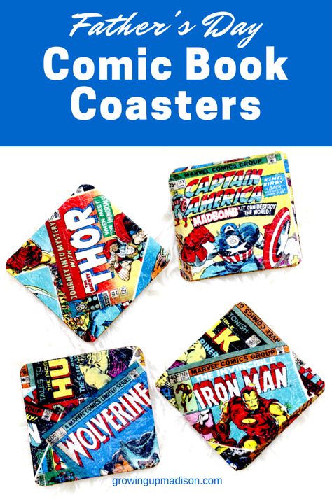 Book Crafts For Kids, Comic Crafts, Diy Comic Book, National Comic Book Day, Book Coasters, Comic Book Crafts, Diy Comic, Coasters Fabric, Diy Father's Day