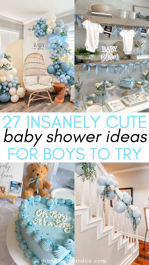 If you're planning a baby shower to celebrate your little one, these baby shower ideas for boys are perfect for you! There are so many budget-friendly options to choose from. Basic Baby Shower Ideas, Baby Shower Decoration For Boys, Boy Baby Shower Decoration Ideas, Baby Boy Shower Decorations Ideas, At Home Baby Shower Ideas Decoration, Baby Boy Food Shower Ideas, Sip N See Party Ideas Boy, Baby Shower For Boys Ideas, January Baby Boy Shower Ideas