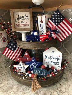 Themed Tiered Tray Decor, 4th Of July 3 Tier Tray Decor, 4th Of July Tray Decor, Fourth Of July Tiered Tray Decor, Tier Trays Decor, 4th Of July Tiered Tray Decor Diy, Holiday Tiered Tray Decor, Diy Tiered Tray Decor Ideas, Diy 4th Of July Decor