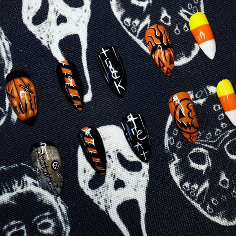 Trick R Treat Sam Nails, Trick R Treat Nails, Trick Or Treat Nails, Trick Or Treat Sam, Sam Trick R Treat, Horror Nails, Cartoon Nails, Trick R Treat, Fall Nails