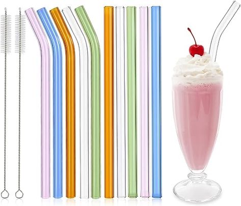 Amazon.com: RENYIH 10 Pcs Reusable Glass Smoothie Straws,9''x12 mm Glass Drinking Straws for Milkshakes, Tea, Juice,Set of 5 Straight and 5 Bent with 2 Cleaning Brushes -Dishwasher Safe(Colorful) : Health & Household Boba Smoothie, Drink Storage, Smoothie Straw, Tea Juice, Cleaning Brushes, Bar Glassware, Glass Straws, Milkshakes, Jar Lids