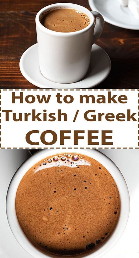 Turkish or Greek coffee is made by boiling finely ground roasted coffee beans inside a coffee pot called cezve or briki. It's served unfiltered in a small coffee cup. #Turkish #Greek #coffee #cezve #briki #unfiltered #recipe #history #pot #cup How To Make Turkish Coffee, Czech Breakfast, Ground Coffee Recipes, Greek Tea, Turkish Coffee Recipe, Egyptian Recipes, Gaziantep Turkey, Frothy Coffee, Coffee Turkish