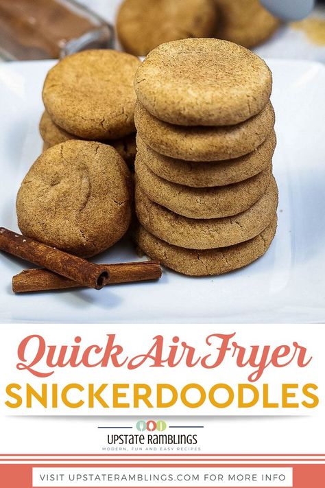 Air fryer snickerdoodles taste amazing, with a crackly top and lots of cinnamon flavor. This classic cookie recipe is easy to make in the air fryer! It's the perfect cookie when you want to make delicious cookies from scratch for a simple treat. Snickerdoodles are similar to traditional sugar cookies, but with a tangier flavor and more cinnamon! There's no need to chill the dough so you can be enjoying these simple cookies in minutes. | @upstramblings #airfryersnickerdoodles #easyairfryercookies Air Fryer Desserts, Air Fryer Pumpkin, Pumpkin Snickerdoodles, Classic Cookies Recipes, Snickerdoodle Recipe, Snickerdoodle Cookies, Cinnamon Cookies, Snickerdoodle Cookie Recipes, Easy Air Fryer