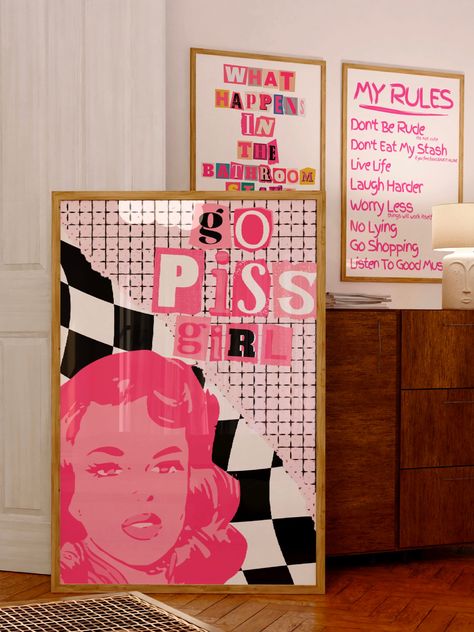 Pink Funky Bathroom Print|Go Piss Girl Funny Girly Bathroom Print|Maximalist Decor|Funny Y2k Bathroom Printable|Preppy Trendy Wall Decor by Infinityvelour on Etsy Pink Bathroom Maximalist, Vibrant Bathroom Decor, Bathroom Prints Aesthetic, Cool Bathrooms Aesthetic, Funky Pink Bedroom, Barbie Themed Bathroom, Girl Bathroom Ideas Decor, Pink Disco Bathroom, Pink Bathroom Prints