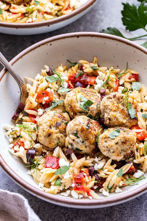 Non Boring Dinner Ideas, Meatball Bowl Recipes, Greek Entrees, Orzo Meals, Greek Bowl Recipe, Orzo Bowl, Meatballs And Orzo, Meatballs Orzo, Greek Bowls