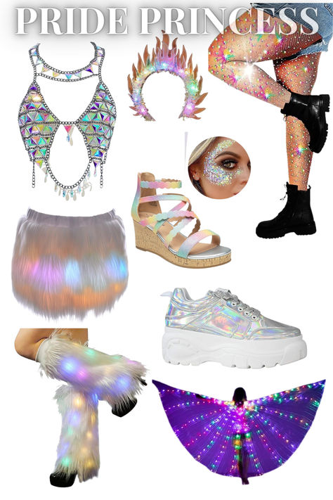 Everything linked to my Amazon Storefront holographic womens top, womens chucky shoes, glitter tights   By purchasing through this link Want All The Things will receive a small commission at no additional cost to you.  #pride #gaypride #prideoutfitideas #prideoutfit #raveoutfit #raveaesthetic #pridemonth #cluboutfit #cluboutfitideas #diva #queen #lesbian #lgbtq, lesbians, gay #ad #affiliatelink pride outfit ideas, pride outfit, rave outfit, club outfit, pride outfit,  women, diva Pride Outfit Ideas Women, Outfit For Pride, Pride Outfit Ideas, Parade Outfit, Rave Outfits Women, Pride Parade Outfit, Rave Aesthetic, Outfit Club, Glitter Tights