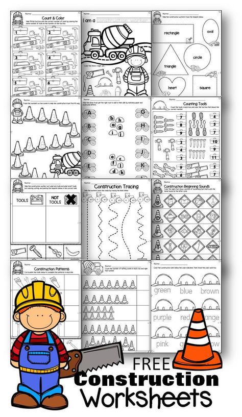 FREE Construction Worksheets for Preschoolers - super cute and free printable math and literacy worksheets to help preschool, prek, and kindergarten age kids practice counting and alphabet letters matching upper and lowercase letters with a fun preschool theme. #construction #preschool #worksheetsforkids Construction Math, Construction Theme Preschool, Preschool Construction, Counting Worksheets For Kindergarten, Community Helpers Preschool, Preschool Math Worksheets, Tracing Worksheets Preschool, Construction Activities, Free Kindergarten Worksheets