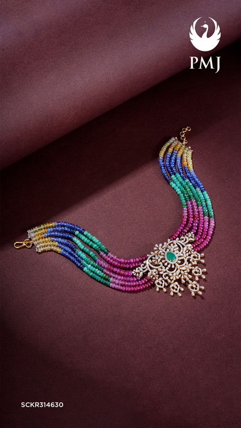 Pmj Jewels Jewellery, Pmj Jewellery, Beaded Wedding Jewelry, Colorful Choker, Jadau Jewellery, Mehendi Outfits, Gold Pearl Jewelry, Choker Necklace Designs, Beads Collection