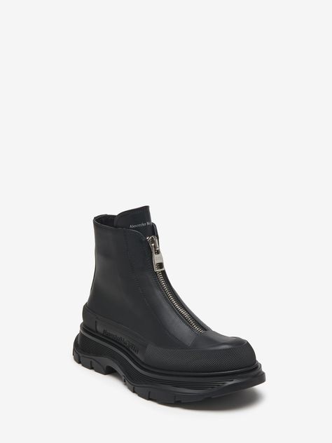 Tread Slick Zip Boot in Black | Alexander McQueen US Mcqueen Boots, Alexander Mcqueen Boots, Black Alexander Mcqueen, Iconic Fashion, Fashion Designer, Calf Leather, Black Boots, Alexander Mcqueen, Mens Gifts