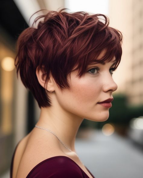 Maroon Pixie Hair, Autumn Pixie Hair Color, Red And Black Pixie Cut, Dark Auburn Bob Haircut, Pixie Copper Hair, Cherry Short Hair, Short Auburn Hair Bob, Fall Pixie Hair Color, Auburn Short Hair