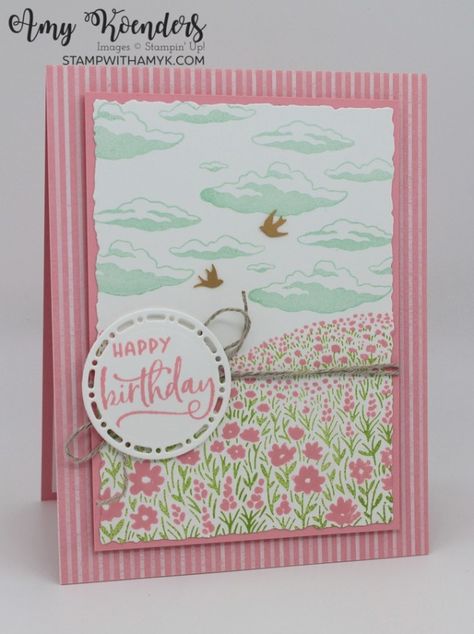 Stampin’ Up! Fields In Bloom Birthday Card for the Happy Inkin’ Thursday Blog Hop – Stamp With Amy K Fields In Bloom Stampin Up Cards, Card Layouts, Handmade Stamps, Pink Cards, Stamp Projects, Fancy Fold Cards, Some Cards, Card Tutorials, Card Layout