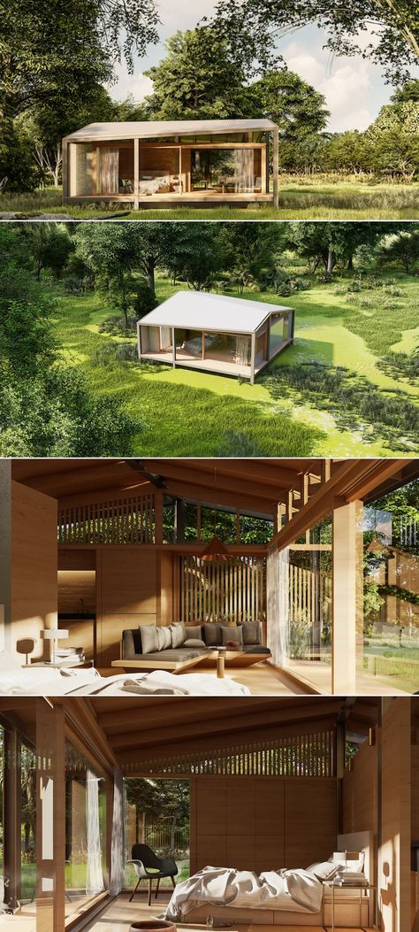 Bali-based Stilt Studios has created a new prefabricated tiny house made from recycled Tetra Pak cartons. Tiny Tetra House is designed to promote local, circular economies. The first prototype is under construction and will be on sale in October this year. Sustainable Tiny House, Wood House Design, Tiny Container House, Corrugated Sheets, Tetra Pak, Studio Build, House On Stilts, Wood House, Tiny House Interior