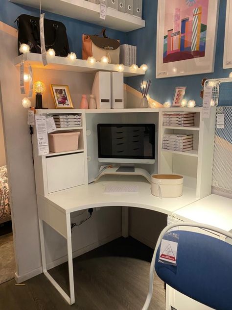 Ikea Curved Desk, Micke Corner Desk Aesthetic, Ikea Micke Corner Desk, Corner Desk Vanity, Ikea Corner Desk, Bedroom Layouts For Small Rooms, Ikea Micke, Small Room Makeover, Corner Workstation