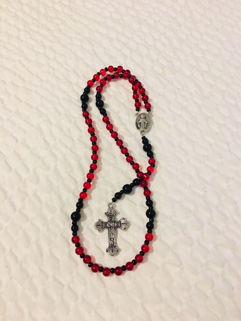 Black & Red Rosary Spiritual Red Jewelry With Black Beads, Red Rosary Necklace, Adjustable Red Rosary With Round Beads, Adjustable Red Beaded Rosary, Red And Black Wallpaper, Black Beaded Cross-shaped Rosary, Black Wallpaper, Rosary, Infinity Bracelet