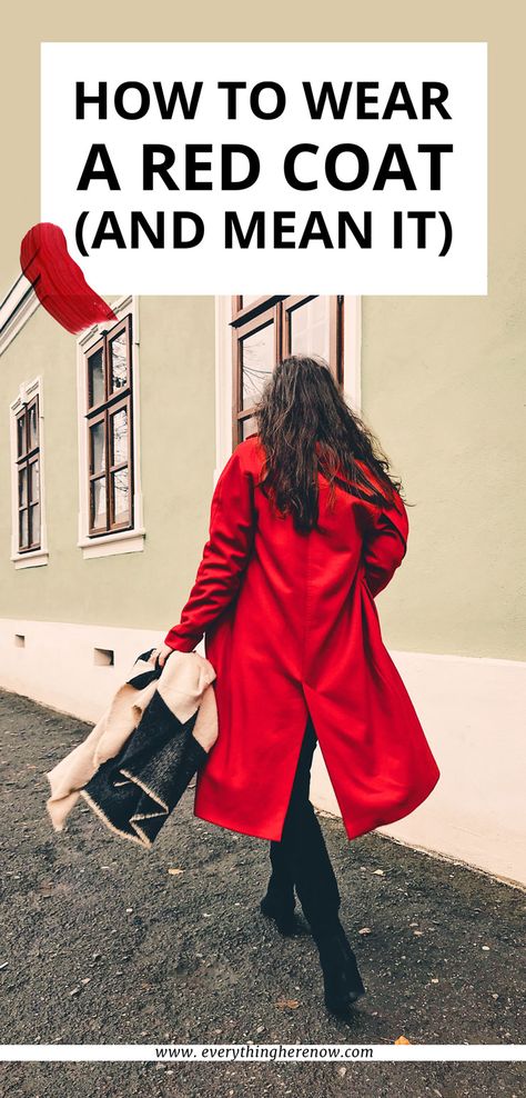 Red Wrap Coat Outfit, Red Trench Coat Outfit Street Style, Red Long Coat Outfits, Fall Trench Coat Outfits Classy, Red Peacoat Outfit Winter, Red Rain Coat Outfit, How To Style A Red Coat, Red Pea Coat Outfit, Red Raincoat Outfit