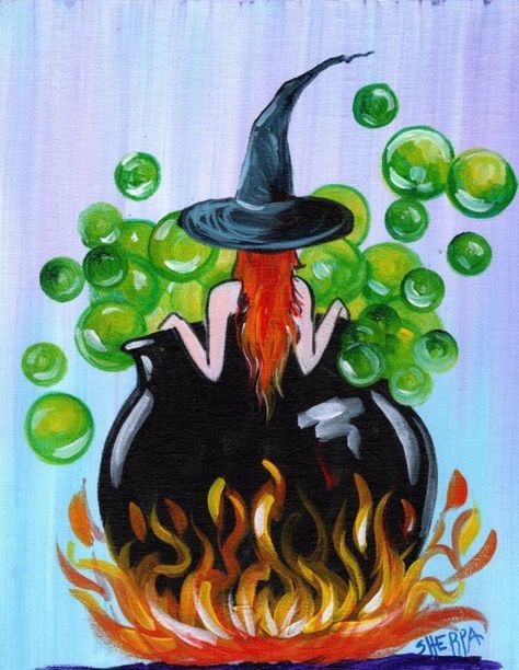 Witchy Cauldron Bath 13 Days Of Halloween Live Stream Painting Step By Step Day 11 | Theartsherpa - The Art Sherpa Community | The Art Sherpa Easy Witch Painting Canvas, Diy Canvas Art Painting Easy Halloween, Halloween Art Acrylic, Cauldron Painting Ideas, Halloween Painting Inspiration, Small Halloween Canvas Paintings, Witchcraft Painting Ideas, Halloween Step By Step Painting, Halloween Paint Night Ideas Step By Step