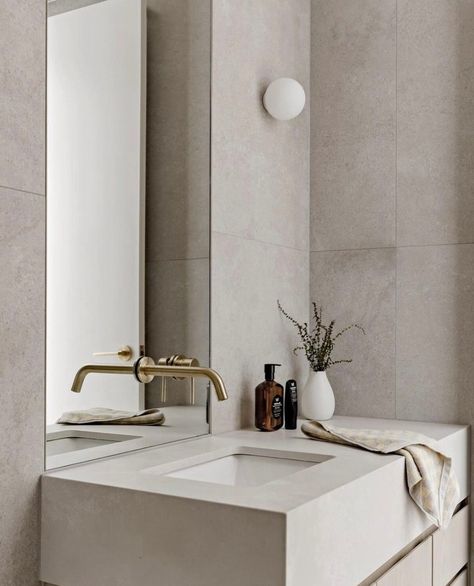 A sleek and sophisticated bathroom at its finest 🤍⁠ ⁠ This bathroom design by @_bonemade⁠ takes contemporary minimalist design to the next level.⁠ ⁠ What do you love about this bathroom?⁠ ⁠ Design @_bonemade⁠ Home @2_homes_on_the_hill_ Online Mood Board, Beams Of Light, Timber Battens, Large Round Mirror, Sophisticated Bathroom, Gold Fixtures, Custom Vanity, Contemporary Minimalist, Dream Bathroom