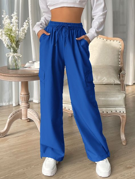 Blue Long Pants Outfit, Flap Pocket Cargo Pants, Outfit Sweatpants, Shein Codes, Royal Blue Outfits, Royal Blue Pants, Pants Embellished, Minimalist Wardrobe Capsule, Kawaii Clothes Goth