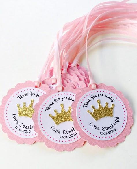 Thank You party favors for candy bags, long twist ties instead of ribbon Pink And Gold Crown, Farewell Decorations, Long Twist, Princess Birthday Party Decorations, Paper Crafts Magazine, Thank You Party, Gold Cake Topper, Prince Baby Shower, Butterfly Baby