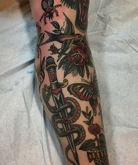 American Traditional Tattoos Knees, Traditional Tattoo Dark Skin, British Traditional Tattoo, American Traditional Sleeve Color, Red American Traditional Tattoo, Traditional Elbow Ditch Tattoo, Color American Traditional Tattoos, Red And Black Traditional Tattoo, Dark American Traditional Tattoo