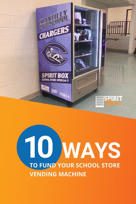 10 Ways to Fund Your Spirit Box High School Store. You've got ideas, here's how to fund them. #highschool #covidteaching #distancelearning #newteacher #firstyearteacher #teachertips #teachertribe #teachertruth #teachersfollowteachers #teachergramtakeover #teachersofinstagram #teachersofig #teachersofinsta #teacherinspirations #teachersofthegram School Store Ideas Highschool, School Spirit Store Ideas, School Vending Machine, School Spirit Store, Pto Ideas, Spirit Store, School Store, Store Ideas, Teacher Hacks