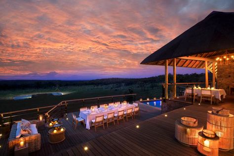 Dinner can be enjoyed on the deck of the main lodge after a game drive. African Safari Lodge, Safari Activities, Game Lodge, Luxury Safari, Africa Do Sul, Safari Lodge, Romantic Honeymoon, Big 5, Spa Offers