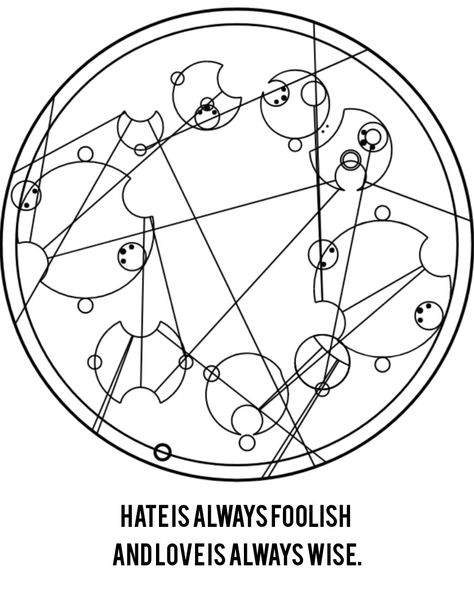 Doctor Who Gallifreyan 12 Quote 4/7. Hate is always foolish and love is always wise. Gallifreyan Quotes, Circular Gallifreyan, Tattoo Board, 12th Doctor, Dr Who, Doctor Who, Star Trek, Tattoo Ideas, Gate