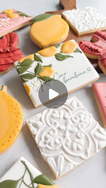 The Little Italian Baker LLC on Instagram: "Make a textured tile cookie with me 💕🍋 . I got this design from @sprinkleandwhisk.co and I thought it was perfect for this lemon baby shower set. This design is so simple and beautiful. I piped the design with a stiffer consistency and let it dry for at least 30 minutes. After drying, I used a loose consistency icing and painted it on gently. I did have to do a couple of layers to make sure the cookie was completely covered!   Do you guys want to see more technique videos? . #cookiedecorating #cookiereel #cookiereels #sugarcookiemarketing #sugarcookiedecorating #sugarcookieart #cookieartist #cookieart #sugarcookiedecoratingvideos #royalicingcookies #royalicingtransfers #royalicingsugarcookies #customcookies #babyshowercookies #lemonbabyshower # Lemon Cookies Decorated Royal Icing, How To Paint On Royal Icing Cookies, Painting Royal Icing Cookies, Italy Cookies Decorated, Lemon Royal Icing Cookies, How To Make Custom Cookies, Lemon Sugar Cookies Decorated, Lemon Decorated Cookies, Tile Cookies