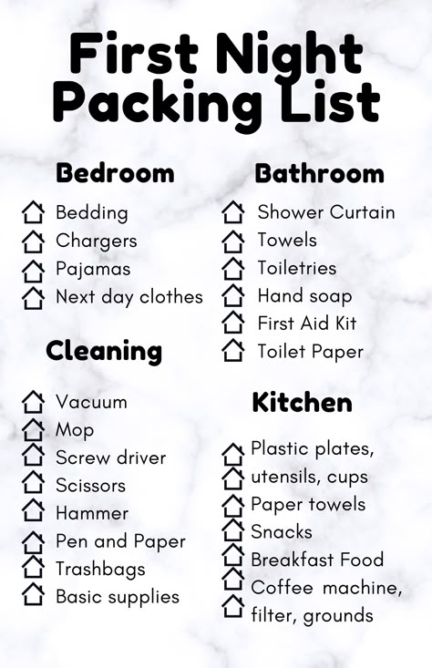 checklist for first night after moving Moving Bathroom Items, Packing Tips Moving Out Of State, Things You Need To Move Out, Packing Quickly Moving Tips, Packing List For Moving Out Of Parents House, Move In New House, First Day Move In Essentials, Moving Out Ideas, First Day Box For Moving