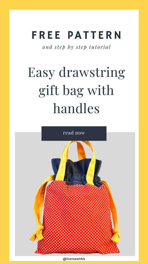 Learn how to create an easy drawstring gift bag with handles using this free pattern and tutorial. You’ll never need to buy a gift bag from the store again! This adorable tote is entirely reusable, and you can make it in any print you want. Consider upcycling old clothes or fabrics you have lying around for an eco-friendly option. This project is beginner-friendly, involving only straight lines, so even newbies can complete their first fabric gift bag in under an hour. #sewing Lined Gift Bag Tutorial, Upcycling Old Clothes, Gift Bag Templates, Fabric Gift Bag, Sewing Templates, Drawstring Gift Bag, How To Make Skirt, Sewing Pillows, Pattern Tutorial