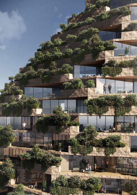 Albania’s capital city will soon get a new mountain in the form of Mount Tirana, a skyscraper finished in stone and dotted with living plants. Green Tower, Mountain Architecture, Danish Architecture, Green Facade, Tirana Albania, Green Houses, Architectural Pieces, Hotel Architecture, Green Architecture