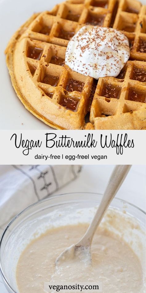 This is an easy vegan buttermilk Belgian waffles recipe that's perfect for breakfast, brunch, lunch, or dinner! Dairy-free and egg-free waffles. #vegan #waffles Vegan Belgian Waffle Recipe, Waffle Recipe No Milk, Waffles Vegan, Vegan Buttermilk, Vegan Breakfast Casserole, Belgian Waffles Recipe, Easy Waffle Recipe, Buttermilk Waffles, Vegan Waffles