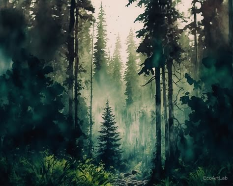 "Dense Forest Landscape in Watercolor" by EcoArtLab | Redbubble Fantasy Forest Watercolor, Dense Forest Drawing, Watercolor Forest Background, Watercolour Forest Painting, Dark Forest Watercolor, Watercolor Art Forest, Watercolor Trees Landscape, Pine Forest Tattoo, Pine Forest Aesthetic