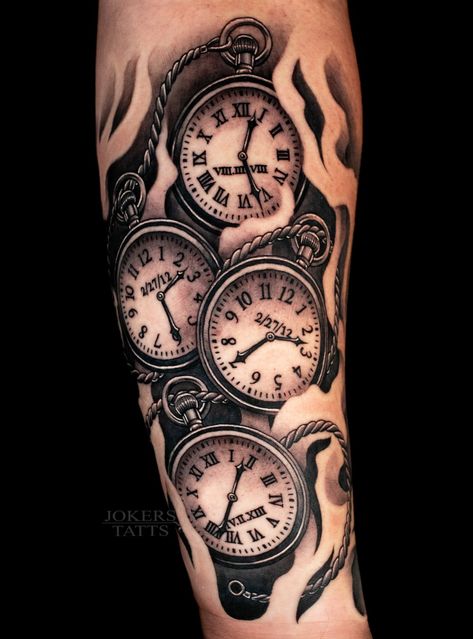 Check me out on Instagram! @jokerstatts432 3 Clocks Tattoo Design, Old Fashion Clock Tattoos, Clock Tattoo Design For Men, Stopwatch Tattoo, Stop Watch Tattoo, Time Heals Tattoo, Old Clock Tattoo, Clock Face Tattoo, Calendar Tattoo