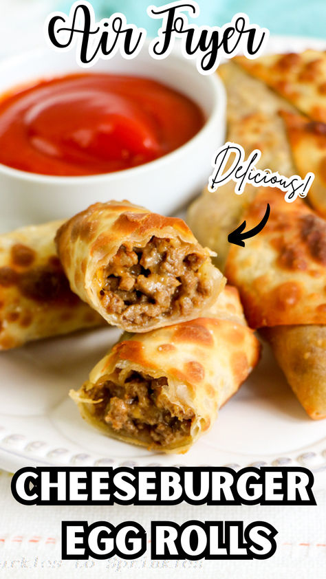 Are you ready to take your appetizer game to the next level? Say hello to these irresistible Air Fryer Cheeseburger Egg Rolls! Packed with all the classic flavors of a cheeseburger, these crispy egg rolls are a total crowd-pleaser. Plus, they’re super easy to make in your trusty air fryer, giving you that perfect golden-brown crunch without all the hassle of deep frying. Easy Dinners Air Fryer, Cheeseburger Eggrolls Recipe Air Fryer, Quick Air Fryer Dinner Ideas, Easy Eggroll Ideas, Hamburger Egg Rolls Recipes, Ground Pork Egg Rolls, Cheeseburger Egg Roll, Air Fryer Cheeseburger Egg Rolls, Pizza Egg Rolls Air Fryer