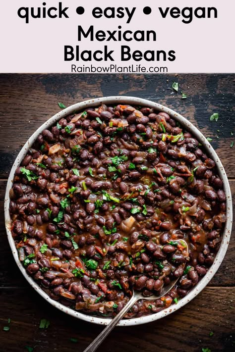 Mexican Black Beans just like the ones you love from Mexican restaurants but homemade! With a short list of budget-friendly pantry ingredients and 40 minutes, you can achieve gourmet flavors and the perfect creamy texture. Flavorful Black Beans, Black Bean Recipes From Can, Vegan Mexican Beans, Bean Mexican Recipes, Vegan Black Beans Recipe, Mexican Black Beans Recipe Canned, Spanish Black Beans Recipe, Mexican Food Recipes Beans, Canned Black Beans Doctored Up